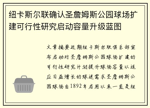 纽卡斯尔联确认圣詹姆斯公园球场扩建可行性研究启动容量升级蓝图 纽卡斯尔联确认圣詹姆斯公园球场扩建可行性研究启动容量升级蓝图